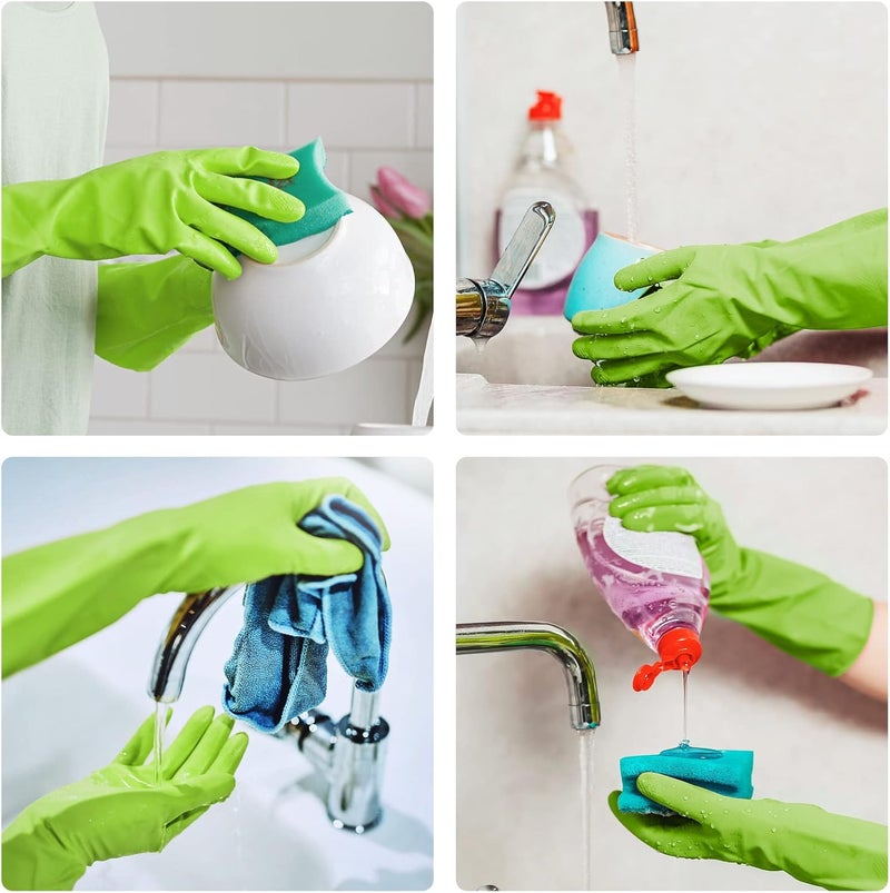 Disfore 2 Pairs of Durable Rubber Gloves, Reusable Non-Slip Cleaning Gloves, Long Sleeve Waterproof Household Dishwashing Gloves to Protect Hands, Soft and Comfortable Premium Kitchen Gloves, (Medium Green) - Image 4