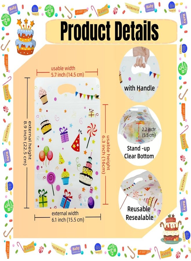 FERENLI 50 Pcs 6.1x8.8 inch Happy Birthday Gift Bags with Handle Stand up Resealable Birthday Pattern Plastic Bags for Snacks Cookies Candies Father's Day Birthday Party Favor Gift Wrap Supplies Decoration (White - Image 3