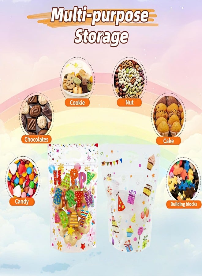 FERENLI 50 Pcs 6.1x8.8 inch Happy Birthday Gift Bags with Handle Stand up Resealable Birthday Pattern Plastic Bags for Snacks Cookies Candies Father's Day Birthday Party Favor Gift Wrap Supplies Decoration (White - Image 4