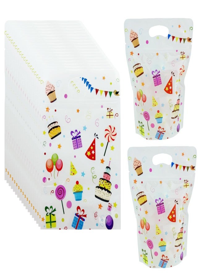 FERENLI 50 Pcs 6.1x8.8 inch Happy Birthday Gift Bags with Handle Stand up Resealable Birthday Pattern Plastic Bags for Snacks Cookies Candies Father's Day Birthday Party Favor Gift Wrap Supplies Decoration (White - Image 1