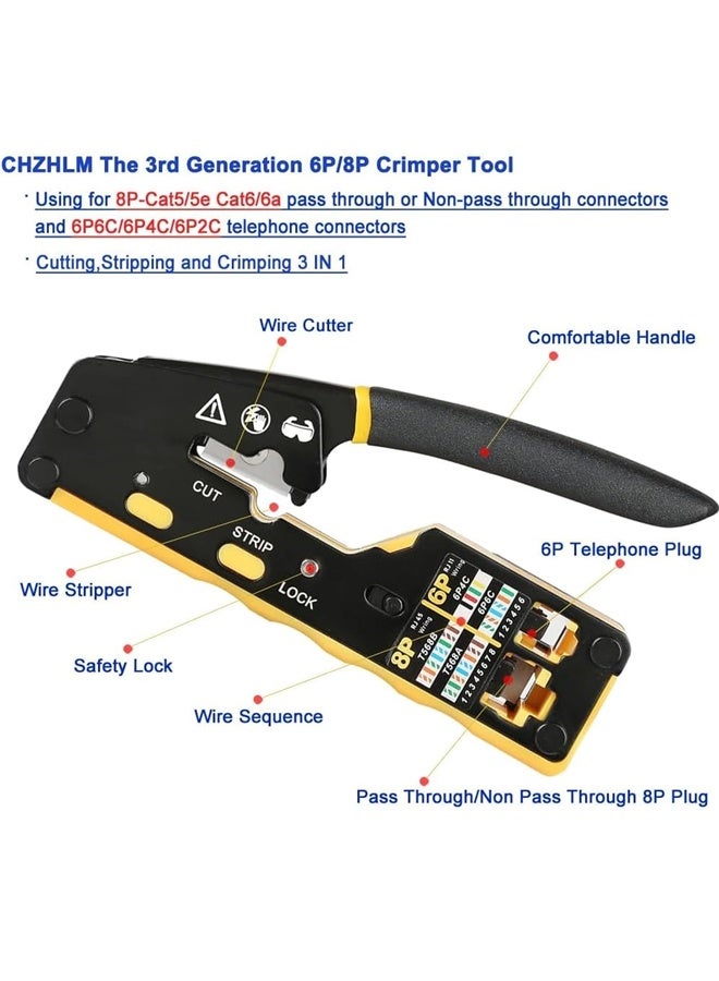 Beauenty RJ45 Crimp Tool Pass Through Connector End With Cat6 Crimping Tool Kit for RJ45 RJ12 Regular,50 Cat6 straight-through connectors, 50Pcs Covers and Mini Wire Stripper (B) - Image 3