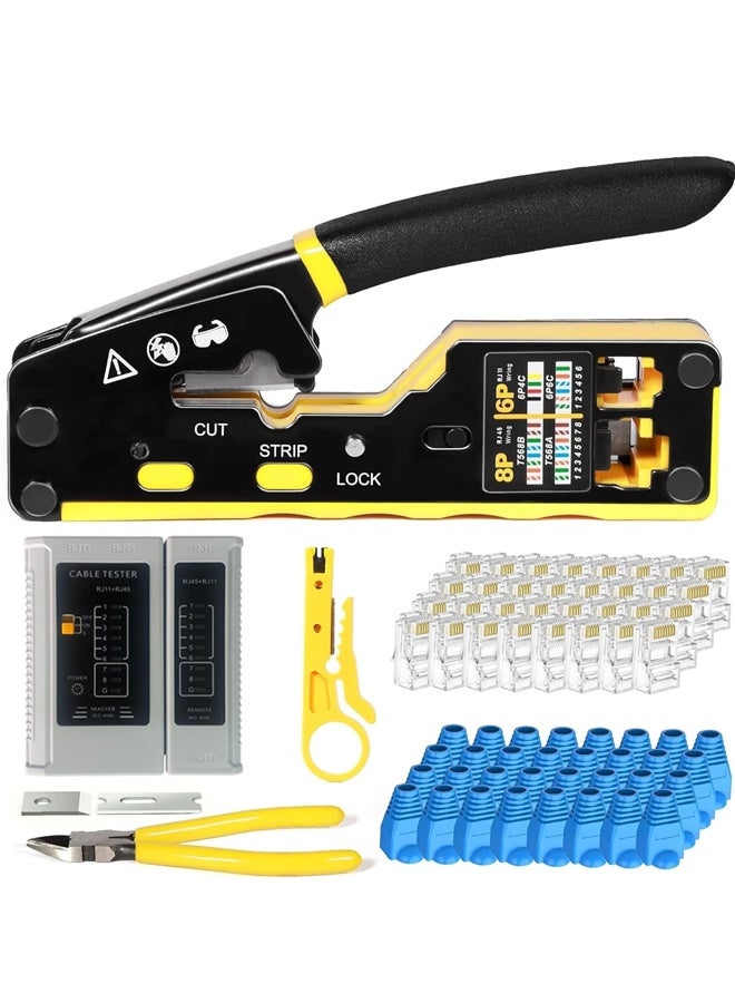 Beauenty RJ45 Crimp Tool Pass Through Connector End With Cat6 Crimping Tool Kit for RJ45 RJ12 Regular,50 Cat6 straight-through connectors, 50Pcs Covers and Mini Wire Stripper (B) - Image 1