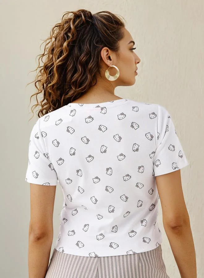 SP Characters  Hello Kitty Print Ribbed Crop T-shirt with Crew Neck for Women | Best Price UAE