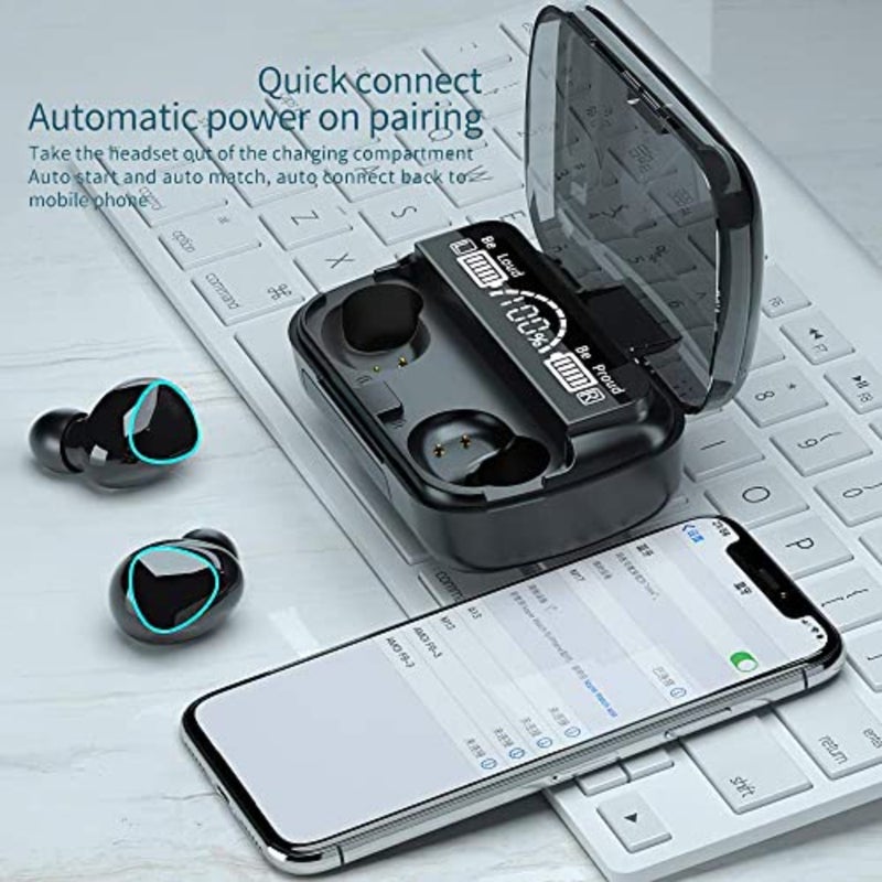 Wireless earbuds for running and exercise, silicone ear tips, black, Bluetooth 5.1 auto pairing with true wireless stereo HiFi sound and smart LED display charging case - Image 3
