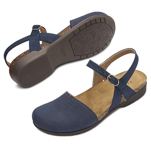 PARTY Closed Toe Sandals Women, Barefoot Arch Support Flat Sandals for Office Work and Travel with Comfortable Cork Footbed,NAVY,8 - Image 5