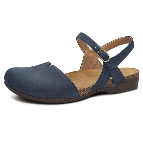 PARTY Closed Toe Sandals Women, Barefoot Arch Support Flat Sandals for Office Work and Travel with Comfortable Cork Footbed,NAVY,8 - Image 1
