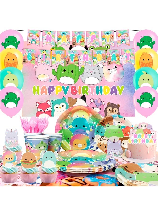 ILovhaprty Squishmallow Birthday Party Decorations for 10 Guests, 112pcs Squishmallow Party Tableware Set - Backdrop Balloon Banner Tablecloth Cake Toppers etc Squishmallow Party Supplies - Image 1