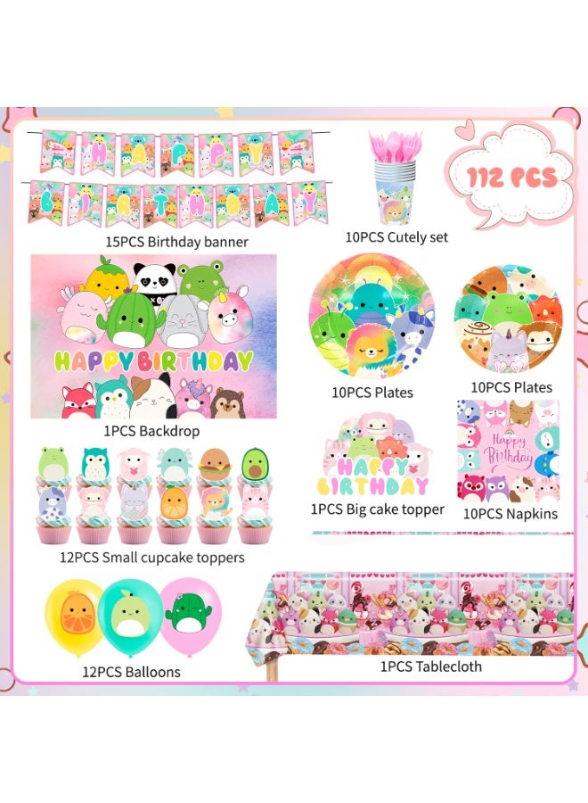 ILovhaprty Squishmallow Birthday Party Decorations for 10 Guests, 112pcs Squishmallow Party Tableware Set - Backdrop Balloon Banner Tablecloth Cake Toppers etc Squishmallow Party Supplies - Image 3