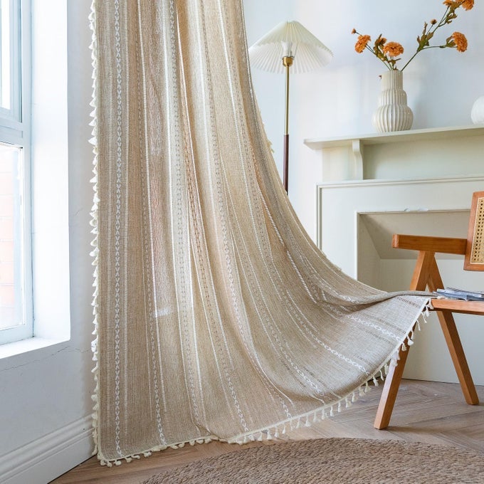 BOHO CURTAIN FOR BEDROOM LIVING ROOM 84 INCHES LENGTH LIGHT FILTERING FRENCH COUNTRY FARMHOUSE VINTAGE CHIC TASSELS HOLLOW WINDOW TREATMENT BOHEMIAN DRAPE 1 PANEL 52 W X 84 L NATURAL