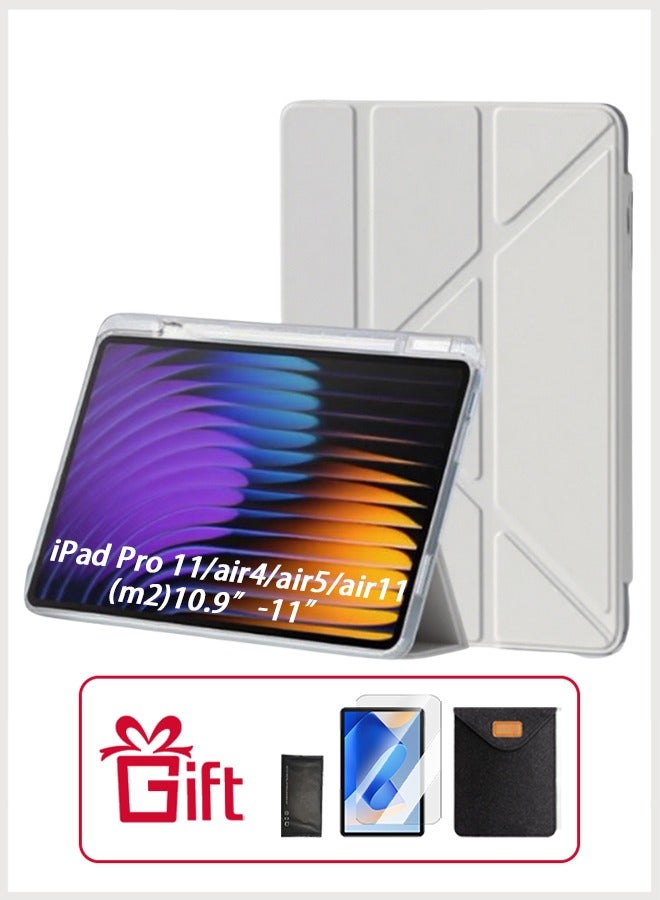 iPad Air 11 Inch (M2) Case & iPad Pro 11 Inch Cover (1st/2nd/3rd/4th Generation), iPad Cover With Pen Slot, Shockproof Y Folding Stand, Transparent Tpu Protective Case, Flip Cover Stand Smart Wake-Up/ Free Aed 23 Anti-Glare Protective Film - Gray - Image 1