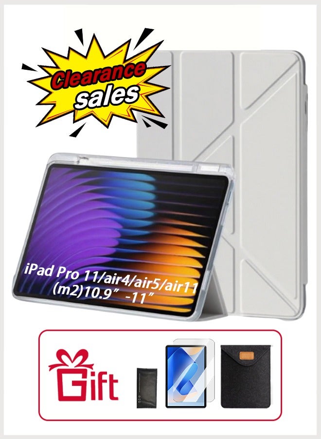 iPad Air 11 Inch (M2) Case & iPad Pro 11 Inch Cover (1st/2nd/3rd/4th Generation), iPad Cover With Pen Slot, Shockproof Y Folding Stand, Transparent Tpu Protective Case, Flip Cover Stand Smart Wake-Up/ Free Aed 23 Anti-Glare Protective Film - Gray - Image 1