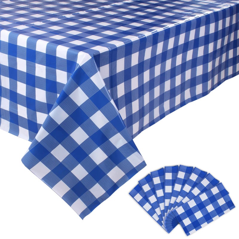 Kesfey 8 Packs Bule and White Checkered Tablecovers 54 x 108 Inches Disposable Party Picnic Table Cloth SpillProof Plastic Gingham Tablecovers for Camping Decoration Party Favors - Image 1