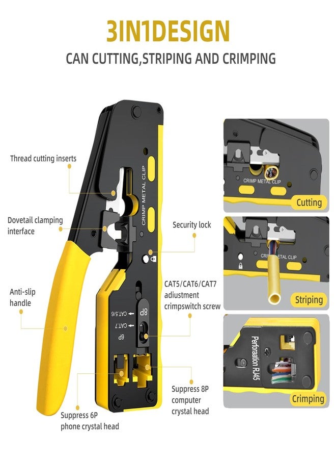 هاندسكيت مجموعة أدوات تجعيد كابلات RJ45 ذات المرور عبر شبكة إيثرنت، وأداة تثقيب، وقاطع لتجريد الأسلاك، وأداة تجعيد لموصلات CAT5/CAT6/CAT7 rj45 مع رؤوس كريستالية للاختبار - Image 2