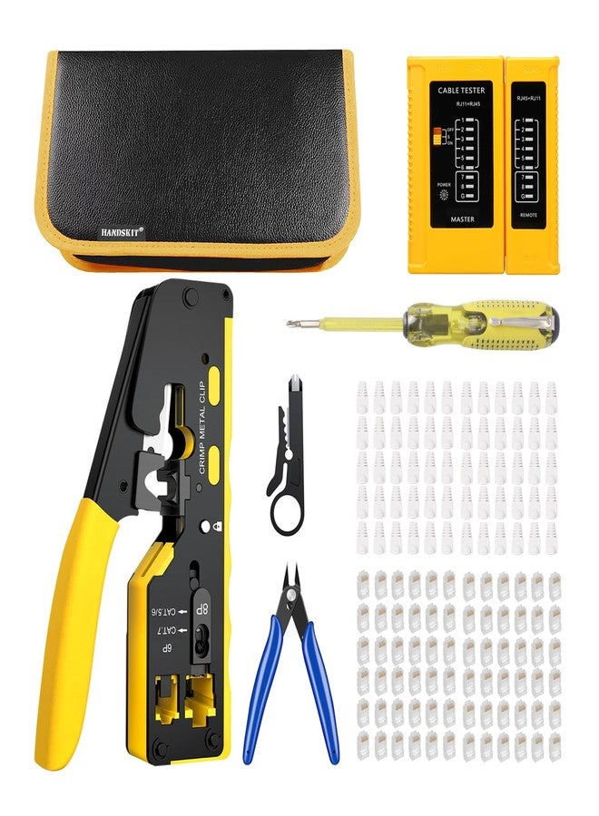 هاندسكيت مجموعة أدوات تجعيد كابلات RJ45 ذات المرور عبر شبكة إيثرنت، وأداة تثقيب، وقاطع لتجريد الأسلاك، وأداة تجعيد لموصلات CAT5/CAT6/CAT7 rj45 مع رؤوس كريستالية للاختبار - Image 1