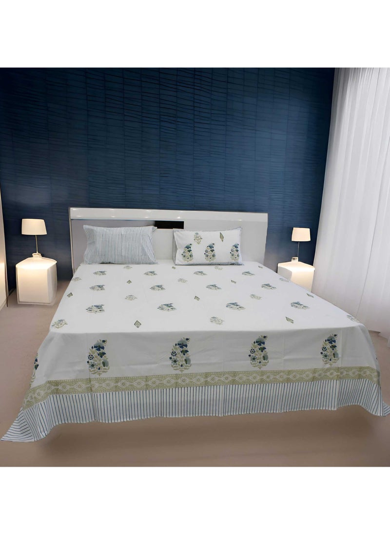 MARHABA CURTAIN 100% Cotton Jaipuri Handblock Print Double Bed Sheet with 2 Pillow Covers Premium Quality, Soft, Breathable (PARKHEL 03)  - Image 1