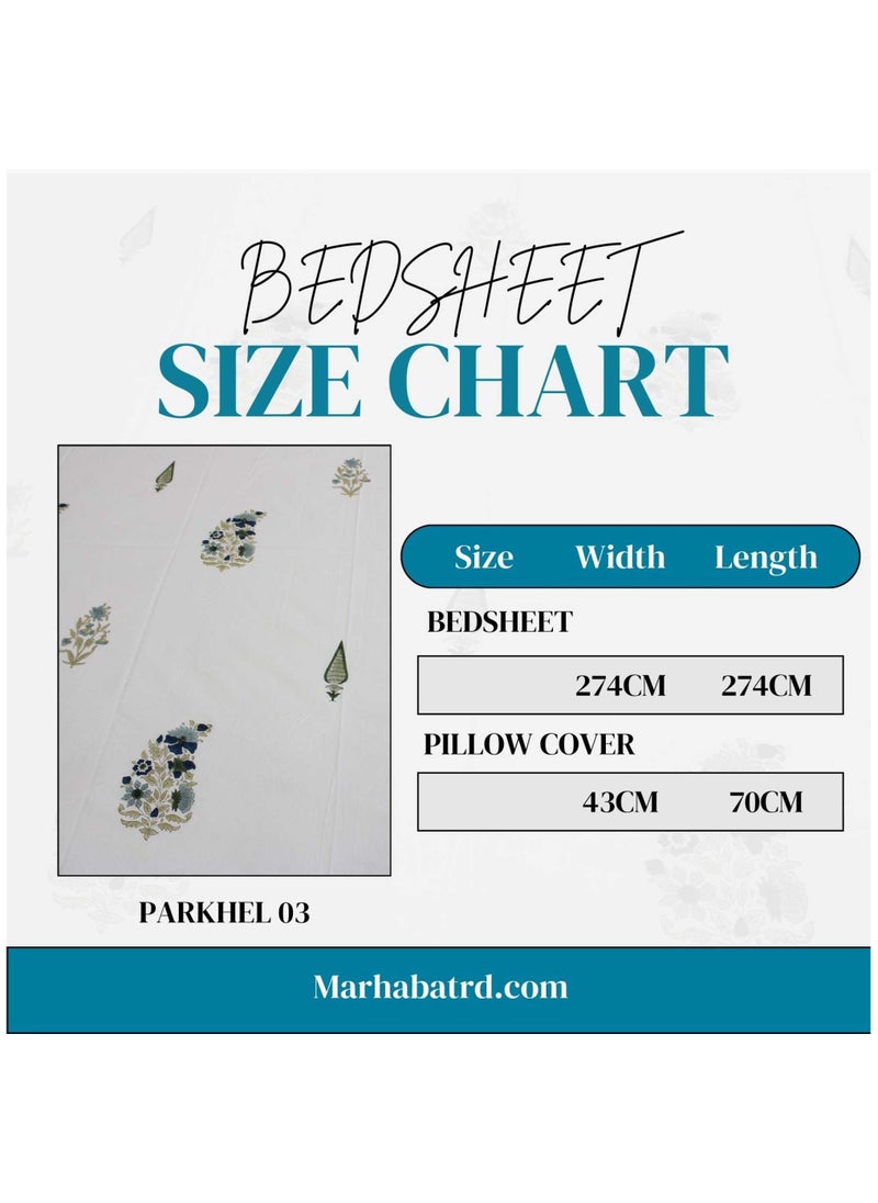 MARHABA CURTAIN - 100% Cotton Jaipuri Handblock Print Double Bed Sheet with 2 Pillow Covers Premium Quality, Soft, Breathable (PARKHEL 03) - Image 1