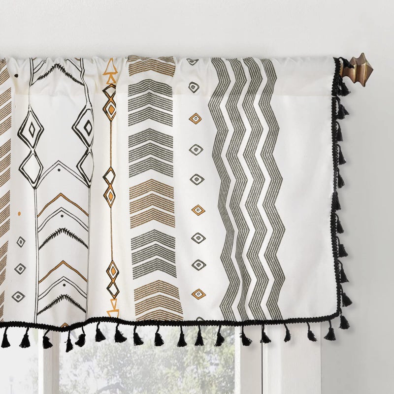 ColorBird ColorBird Window Valance Boho Cotton Linen Short Curtain SemiBlackout with Black Bordered Tassel Rod Pocket 1 Panel Window Topper for Kitchen Living Room Bedroom 59 W x 18 L Geometric 