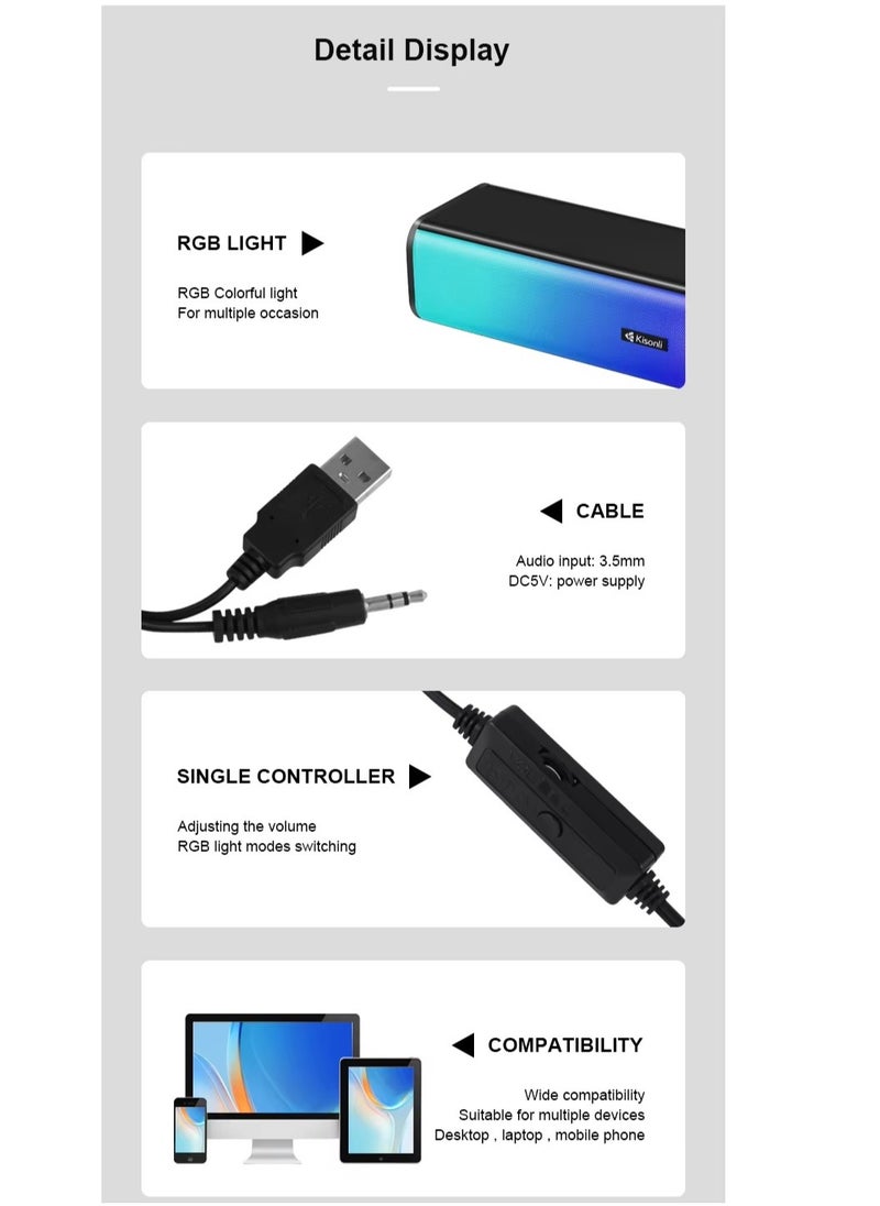 Kisonli - KISONLI i-630 SOUNDBAR USB + AUX 3.5MM Speaker RGB Speaker for Computer, LAPTOP 3 WATT PER SPEAKER  WITH MODERN ERGONOMIC DESIGN PERFECT FOR YOUR COMPUTER  SETUP - Image 1