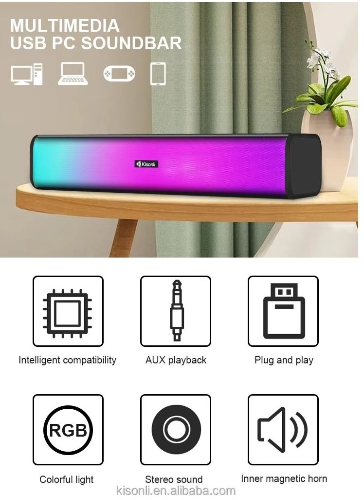 Kisonli - KISONLI i-630 SOUNDBAR USB + AUX 3.5MM Speaker RGB Speaker for Computer, LAPTOP 3 WATT PER SPEAKER  WITH MODERN ERGONOMIC DESIGN PERFECT FOR YOUR COMPUTER  SETUP - Image 1