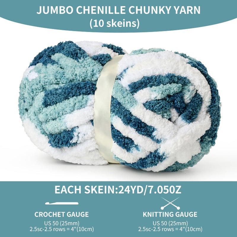OMoiut 10 Pack Jumbo Chunky Yarn for Hand Knitting, Fluffy Variegated Chunky Chenille Yarn for Crocheting, 240yds/70.5oz Super Bulky Soft Crochet Baby Blanket Yarn(Fresh Blue) - Image 2
