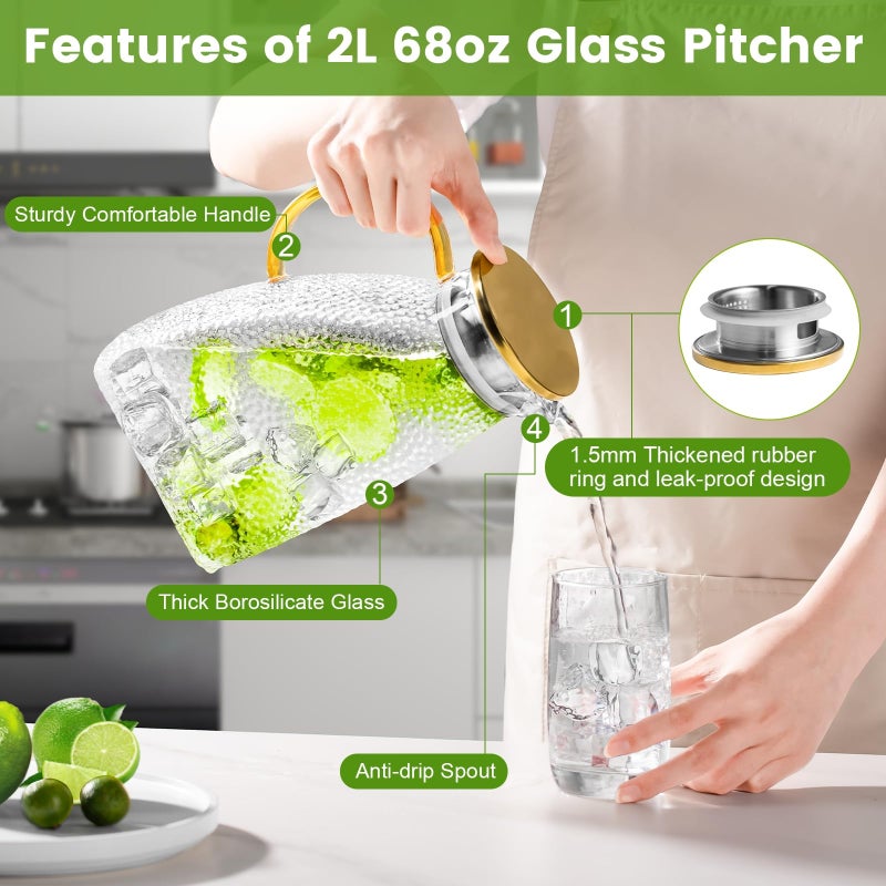 WARMSIMPLE Glass Pitcher With Lid For Fridge, 2 Liter 68 oz Glass Pitchers With Handle And Lid, 0.53 Gallon glass Tea Pitcher Jug Carafe, Water pitcher for Hot/Cold Water Iced Juice Coffee Milk Fruit - Image 4