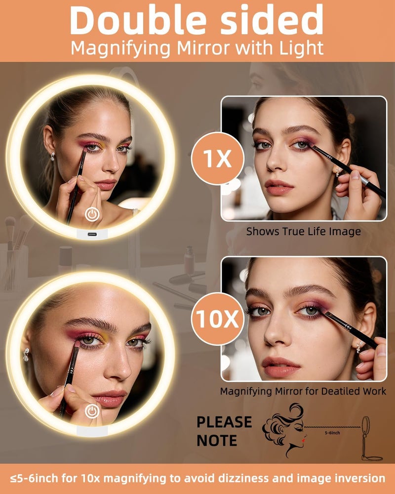 Suupvaor مرآة مكياج مكبرة للسفر مع إضاءة، مزدوجة الجوانب 1X/10X مرآة مكبرة مضيئة، إضاءة قابلة للتعتيم بثلاثة ألوان قابلة لإعادة الشحن، حجم كبير 6 بوصة، تصميم قابل للطي، زاوية قابلة للتعديل 360 درجة - Image 2