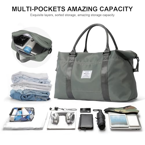 HYC00 Travel Duffel Bags for Women,Weekender Overnight Bag with Wet Pocket & Toiletry Bag,Carry On Personal Item,Travel Tote Gym bags,Olive Green,Large - Image 2