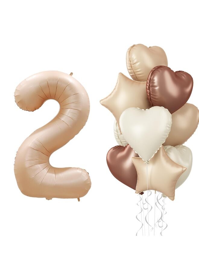 Boho 40 Inch Number Balloon Decor, Cream Brown Neutral Foil Heart Balloons with Taupe Star for Helium, Girls Boys Birthday, Baby Shower, Anniversary Party Decoration Supplies - Image 1
