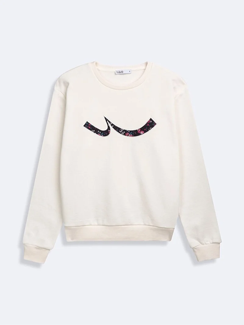 Sign Printed Crew Neck Long Sleeve Beige Sweatshirt