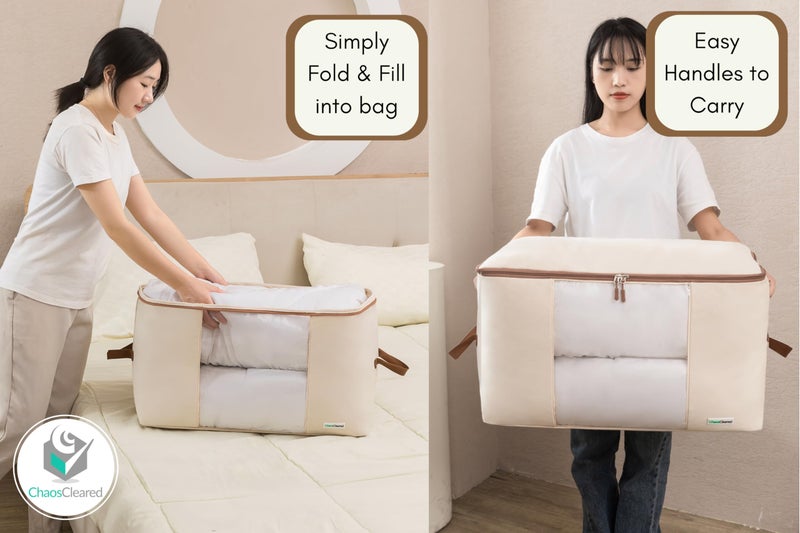 Chaos Cleared Canvas Storage Bags Designer Organizer for Comforters 2 Pack â€“ Seasonal Storage for Pillows, Blankets, Linens & Garments â€“ Foldable Design with Zip & Window, Moth-Proof Space Saver - Image 3
