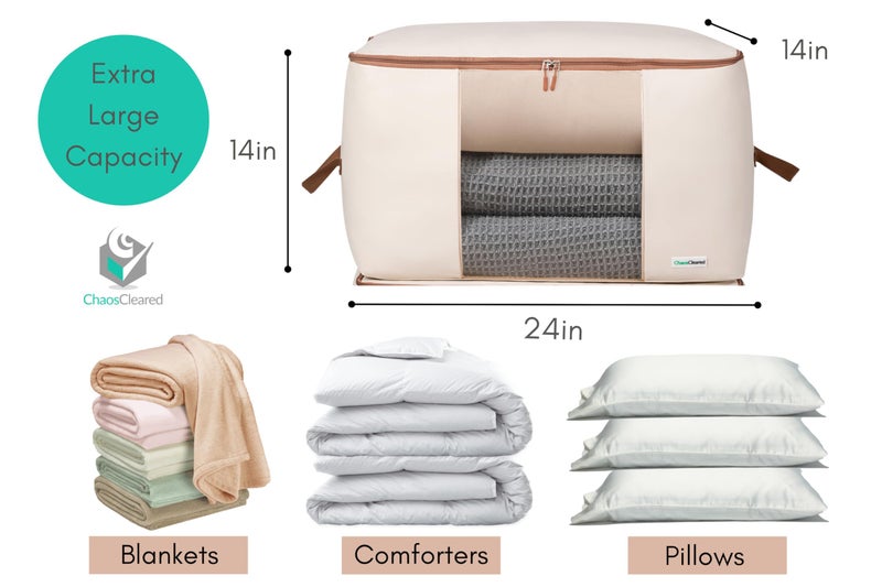 Chaos Cleared Canvas Storage Bags Designer Organizer for Comforters 2 Pack â€“ Seasonal Storage for Pillows, Blankets, Linens & Garments â€“ Foldable Design with Zip & Window, Moth-Proof Space Saver - Image 2