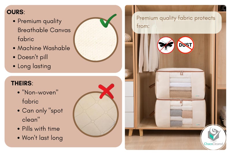 Chaos Cleared Canvas Storage Bags Designer Organizer for Comforters 2 Pack â€“ Seasonal Storage for Pillows, Blankets, Linens & Garments â€“ Foldable Design with Zip & Window, Moth-Proof Space Saver - Image 4