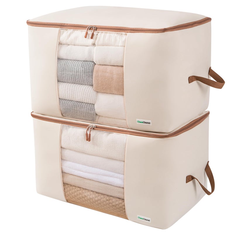 Chaos Cleared Canvas Storage Bags Designer Organizer for Comforters 2 Pack â€“ Seasonal Storage for Pillows, Blankets, Linens & Garments â€“ Foldable Design with Zip & Window, Moth-Proof Space Saver - Image 1