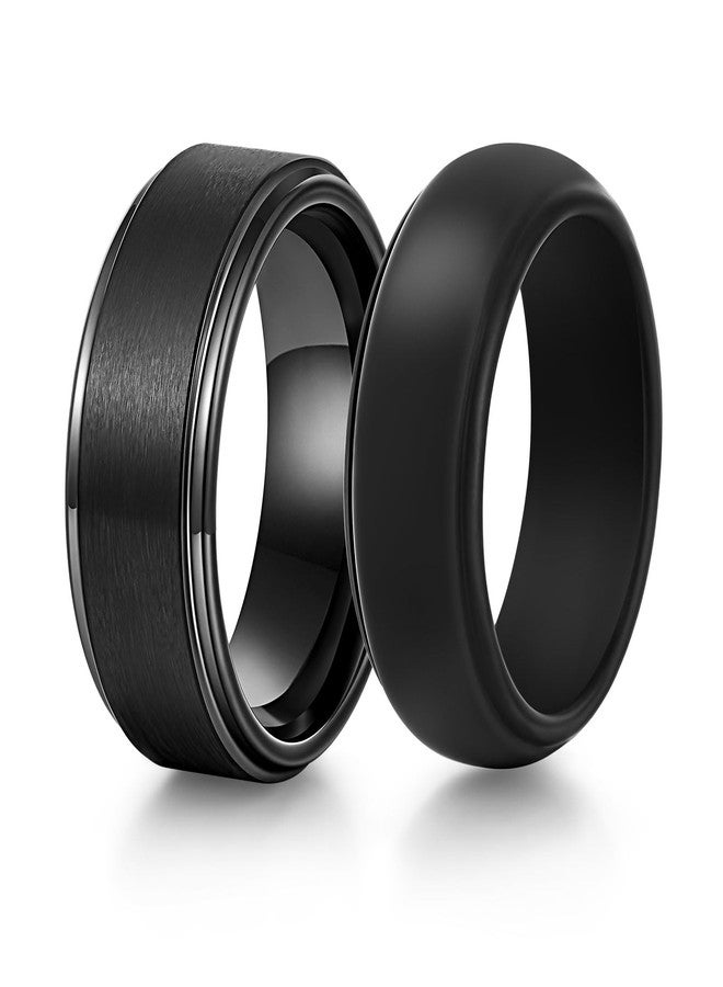 VNOX 2PCS Mens Wedding Band Set Silicone Tungsten Rings for Men，8mm Black Ring Promise Engagement Anniversary Bands Comfort Fit Size 10 - Image 1