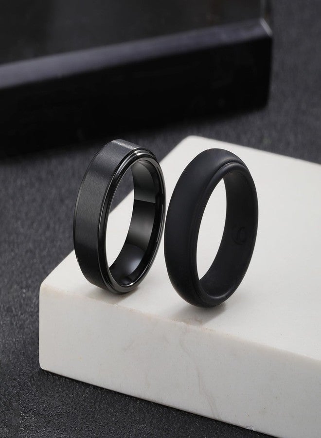 VNOX 2PCS Mens Wedding Band Set Silicone Tungsten Rings for Men，8mm Black Ring Promise Engagement Anniversary Bands Comfort Fit Size 10 - Image 4