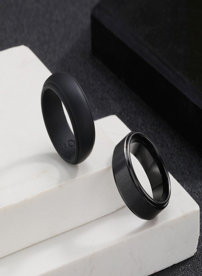 VNOX 2PCS Mens Wedding Band Set Silicone Tungsten Rings for Men，8mm Black Ring Promise Engagement Anniversary Bands Comfort Fit Size 10 - Image 3