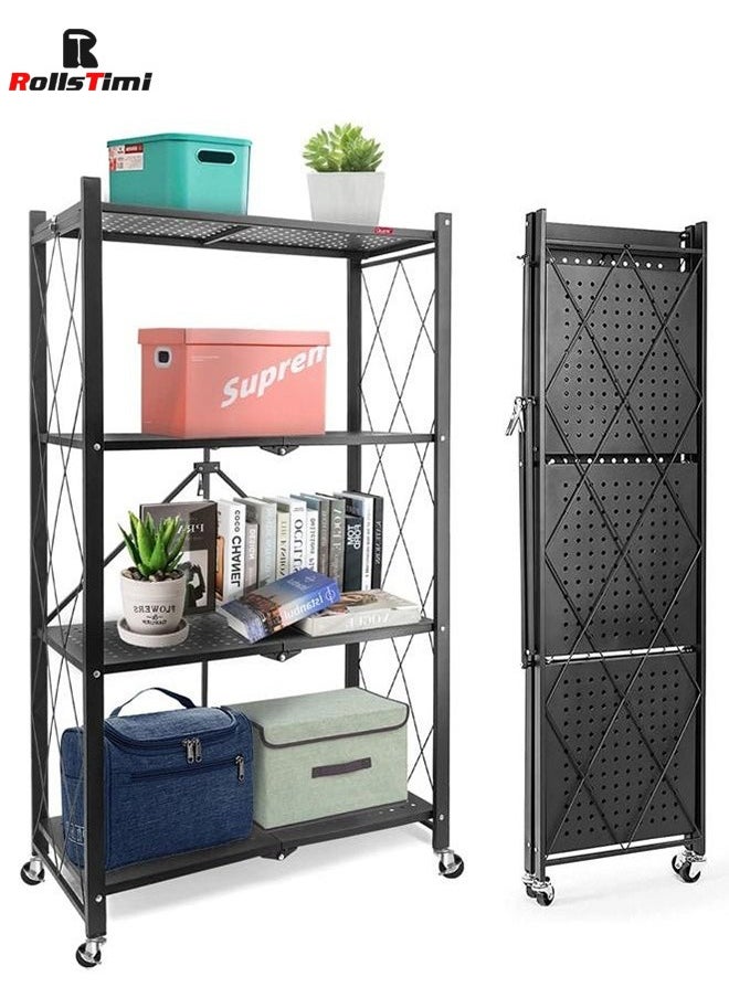RollsTimi  4-Shelf Foldable Storage Shelves with Wheels Large Capacity Shelving Unit Freestanding Metal Wire Shelf Rack No Assembly Organizer Rack,Black  - Image 1