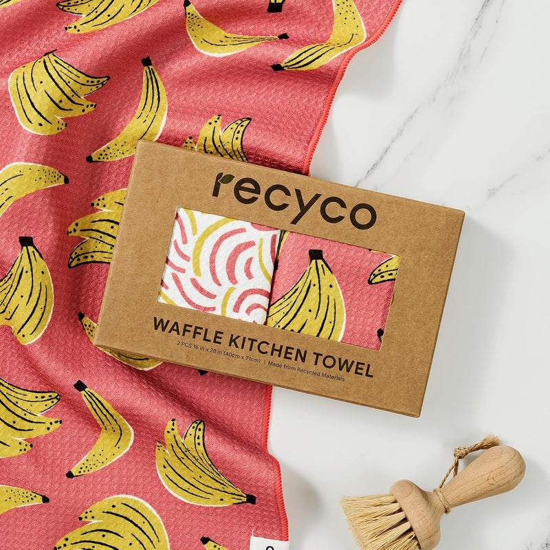 RECYCO Waffle Kitchen Towel Set of 2 - Quick Dry Microfiber Sustainable Dish Towels - Ultra Absorbent Reusable Cleaning Tea Towels - Lightweight Hand Towels,16”x 28”, Banana Joy - Image 5