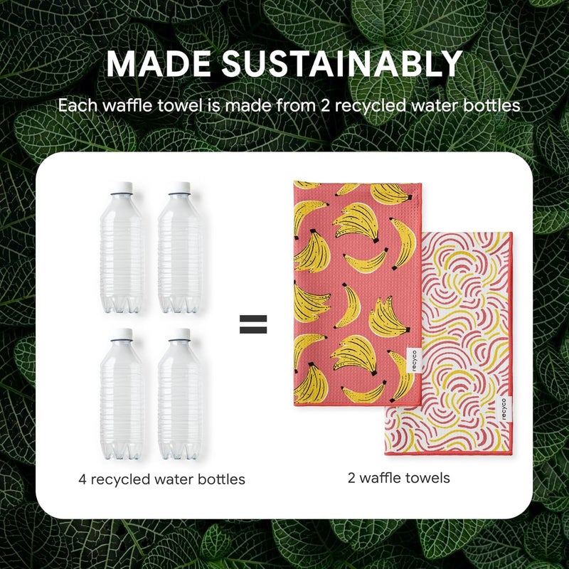 RECYCO Waffle Kitchen Towel Set of 2 - Quick Dry Microfiber Sustainable Dish Towels - Ultra Absorbent Reusable Cleaning Tea Towels - Lightweight Hand Towels,16”x 28”, Banana Joy - Image 4