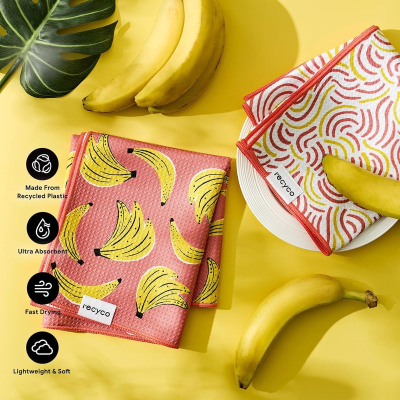 RECYCO Waffle Kitchen Towel Set of 2 - Quick Dry Microfiber Sustainable Dish Towels - Ultra Absorbent Reusable Cleaning Tea Towels - Lightweight Hand Towels,16”x 28”, Banana Joy - Image 1
