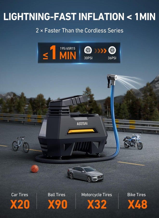 AstroAI Tire Inflator Portable Air Compressor Tire Air Pump for Car Tires - Car Accessories, 9.8Ft Cord 12V DC-Powered Auto Pump with Digital Pressure Gauge, LED Light for Bicycle, Balloons, Yellow - Image 2