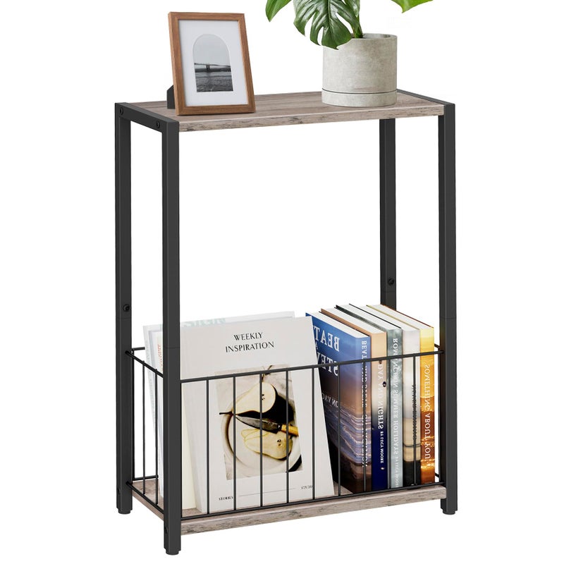 Homleke Narrow Side Table with Magazine Holder, Skinny End Table Perfect for Small Spaces, Space-Saving Design for Living Room, Bedroom, or Office, 7.1" D x 16.9" W x 23.6" H, Greige - Image 1