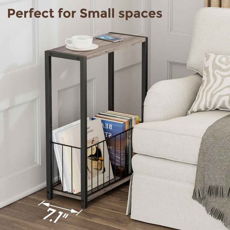 Homleke Narrow Side Table with Magazine Holder, Skinny End Table Perfect for Small Spaces, Space-Saving Design for Living Room, Bedroom, or Office, 7.1" D x 16.9" W x 23.6" H, Greige - Image 4
