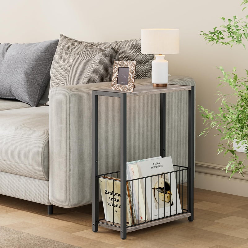 Homleke Narrow Side Table with Magazine Holder, Skinny End Table Perfect for Small Spaces, Space-Saving Design for Living Room, Bedroom, or Office, 7.1" D x 16.9" W x 23.6" H, Greige - Image 2
