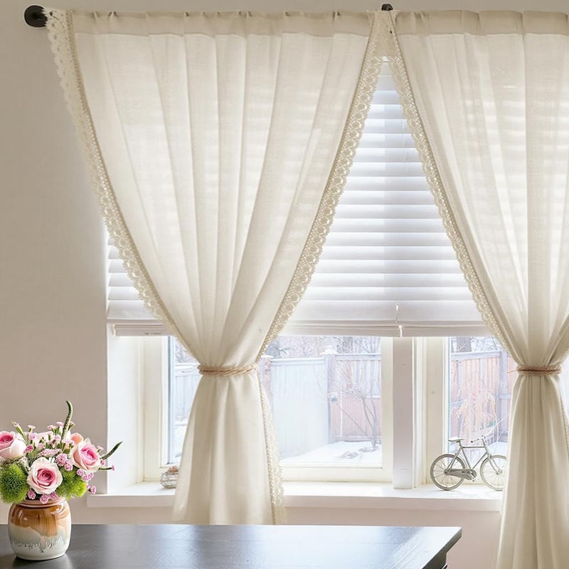 jinchan Linen Curtains for Living Room Bedroom Light Filtering Semi Sheer Curtains Boho Farmhouse French Country Cottage Core Decor Window Drapes Back Tab 96 Inch Length Laced Beige - Image 2