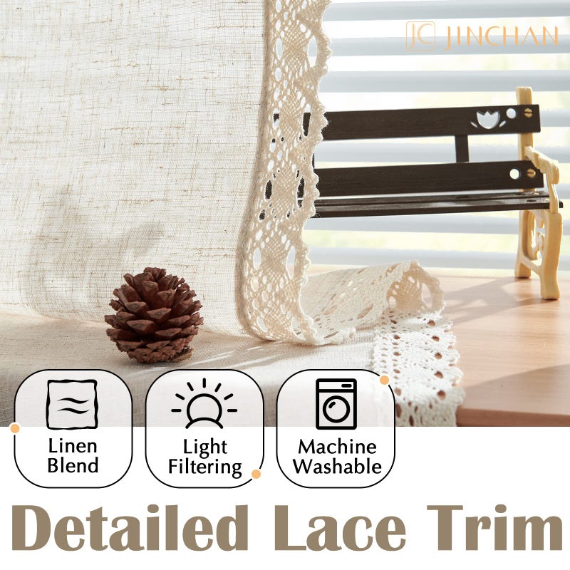 jinchan Linen Curtains for Living Room Bedroom Light Filtering Semi Sheer Curtains Boho Farmhouse French Country Cottage Core Decor Window Drapes Back Tab 96 Inch Length Laced Beige - Image 4