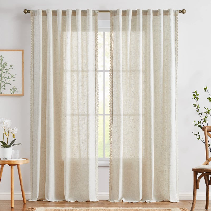 jinchan Linen Curtains for Living Room Bedroom Light Filtering Semi Sheer Curtains Boho Farmhouse French Country Cottage Core Decor Window Drapes Back Tab 96 Inch Length Laced Beige - Image 3