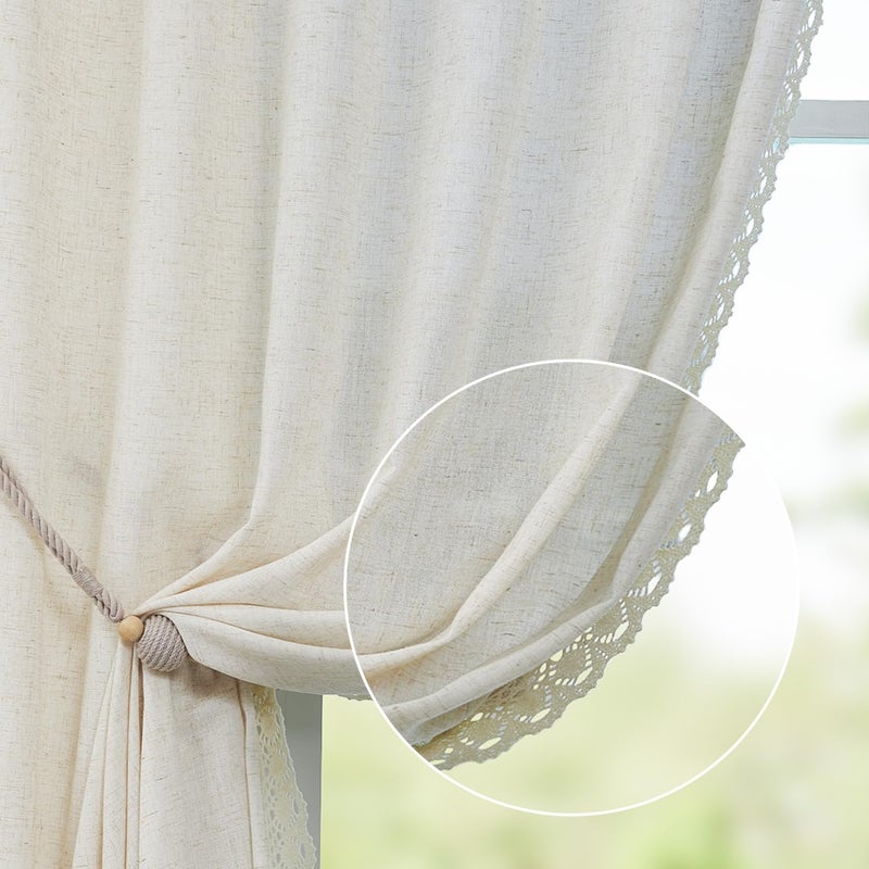 jinchan Linen Curtains for Living Room Bedroom Light Filtering Semi Sheer Curtains Boho Farmhouse French Country Cottage Core Decor Window Drapes Back Tab 96 Inch Length Laced Beige - Image 1