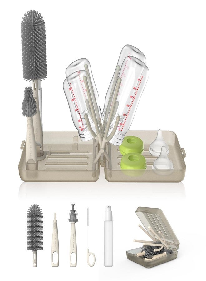 YOTIME Travel Bottle Brush Set, Auto-Open Rack & Vertical Brushs Drying Slots, 3 Brushes, Foldable Drying Rack, Dispenser, Travel Baby Essentials for On-The-Go Parents, Transparent Coffee - Image 1