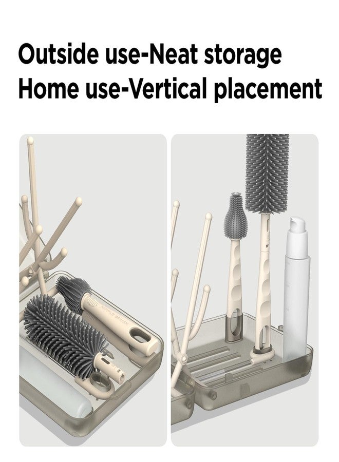 YOTIME Travel Bottle Brush Set, Auto-Open Rack & Vertical Brushs Drying Slots, 3 Brushes, Foldable Drying Rack, Dispenser, Travel Baby Essentials for On-The-Go Parents, Transparent Coffee - Image 3